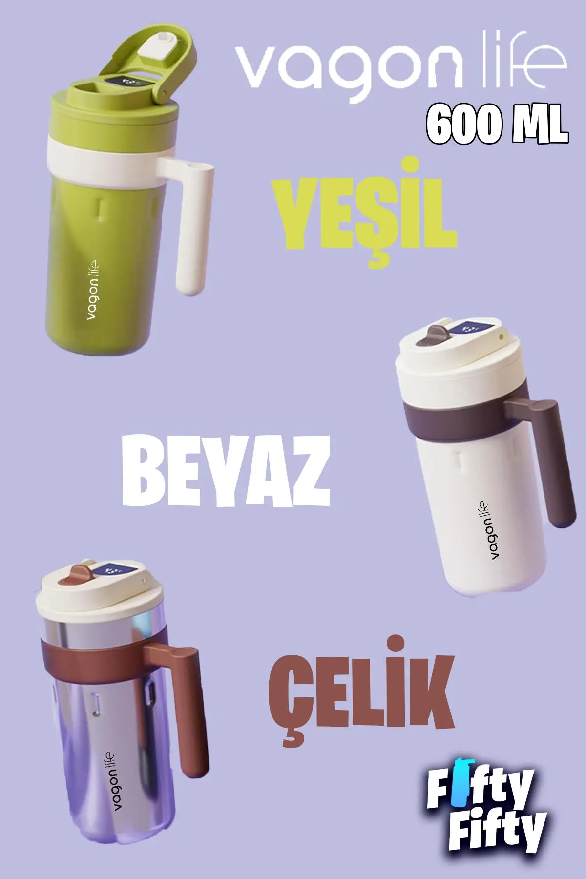 Vagonlife 600 ML LED Sıcaklık Göstergeli Akıllı Çelik Termos Kulplu -Kahve Bardağı-Mug-FFVGN2009