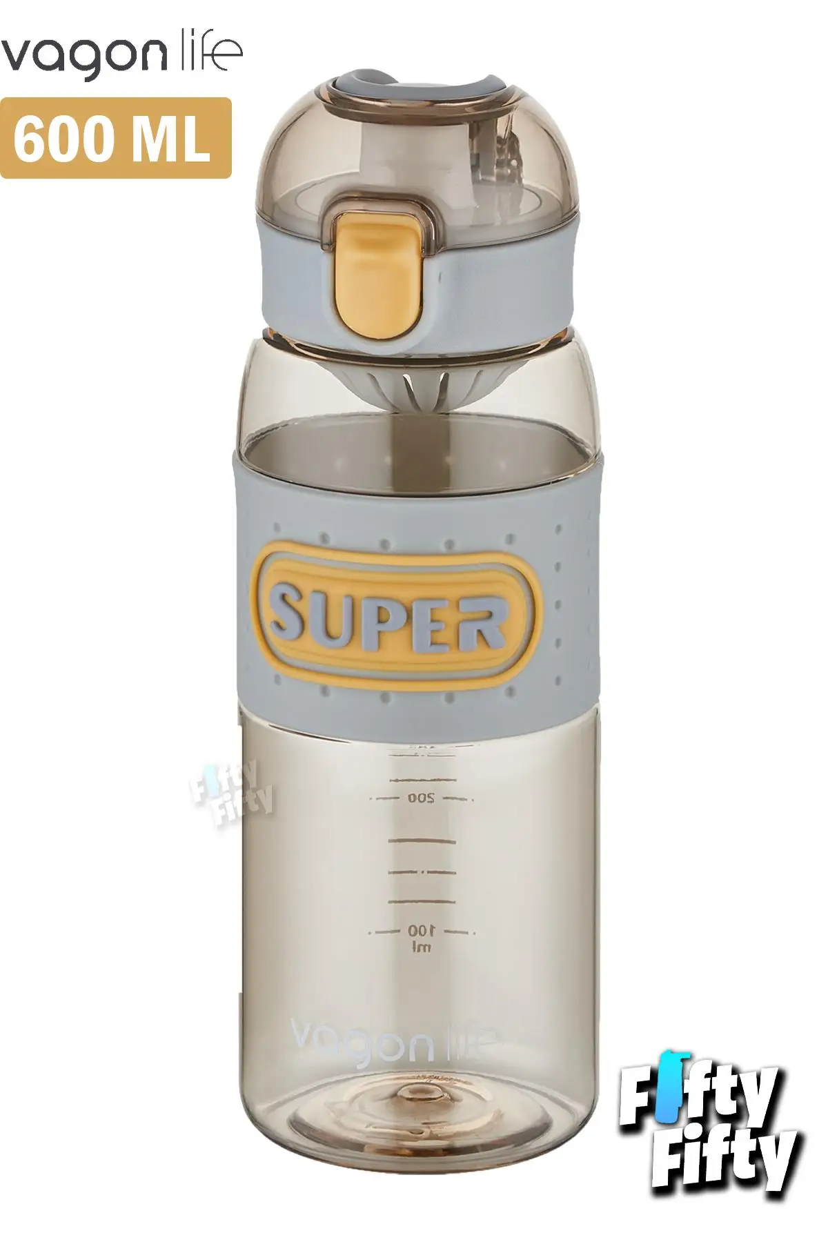 Vagonlife 600 ML Rahat İçim (Pipetsiz) Kulplu Kaydırmaz Gövde Su Matarası -Süzgeçli-FFVGN2024600ML - Gri
