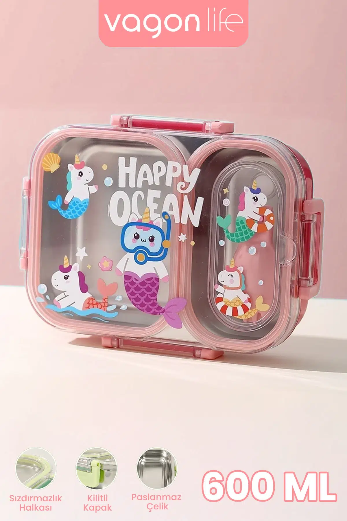 600 ML Sızdırmaz İki Bölme Paslanmaz Çelik Lunch Box Yeni Nesil Sefer Tası Çatallı Kaşık ff7163