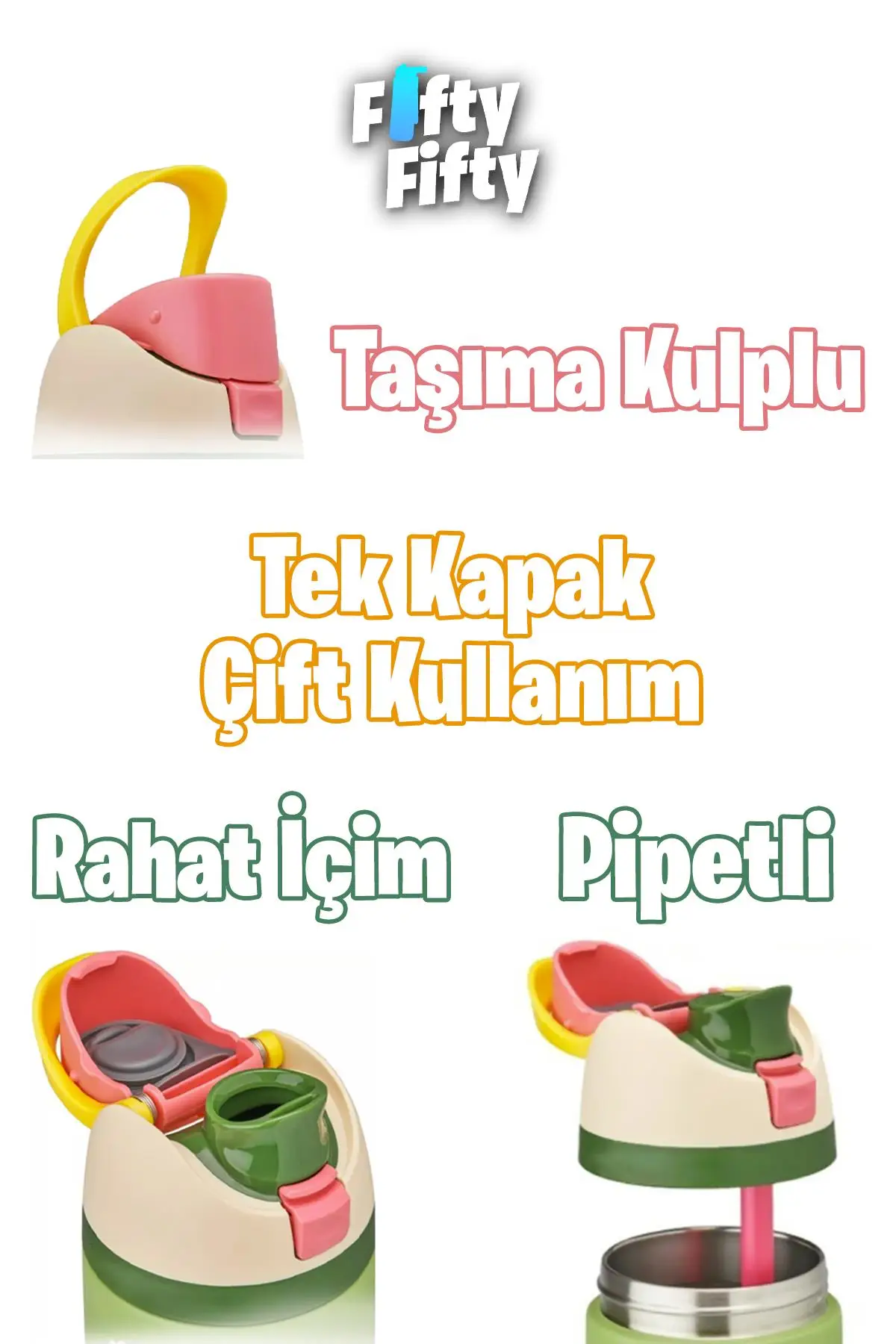 Vagonlife 600 ML Tek Kapak Çift Kullanım Pipetli/Pipetsiz Taşıma Kulplu Çelik Termos -FFVGN0443R600ML