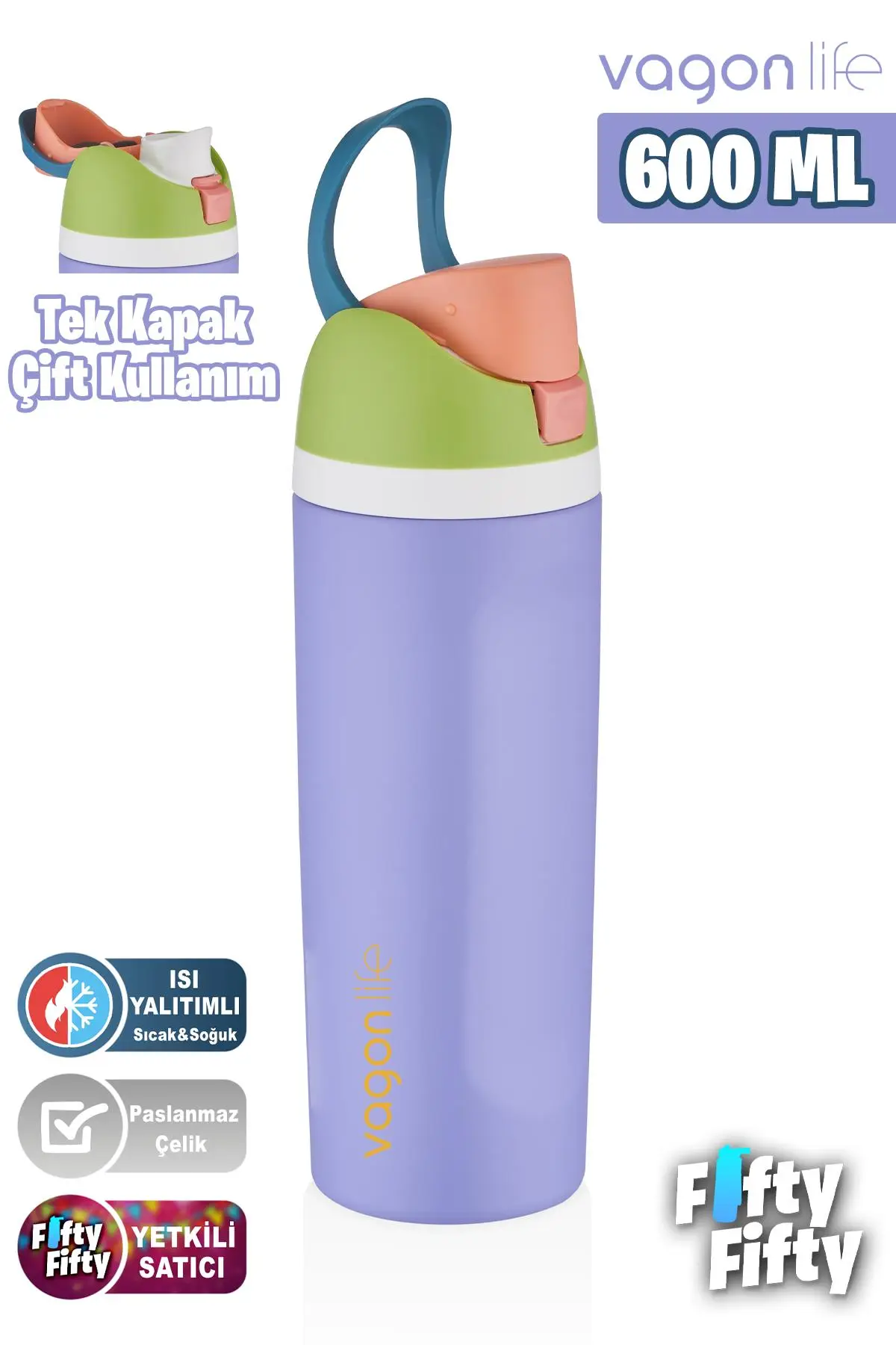 Vagonlife 600 ML Tek Kapak Çift Kullanım Pipetli/Pipetsiz Taşıma Kulplu Çelik Termos -FFVGN0443R600ML