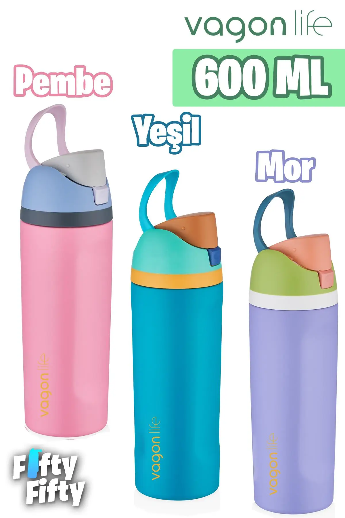 Vagonlife 600 ML Tek Kapak Çift Kullanım Pipetli/Pipetsiz Taşıma Kulplu Çelik Termos -FFVGN0443R600ML