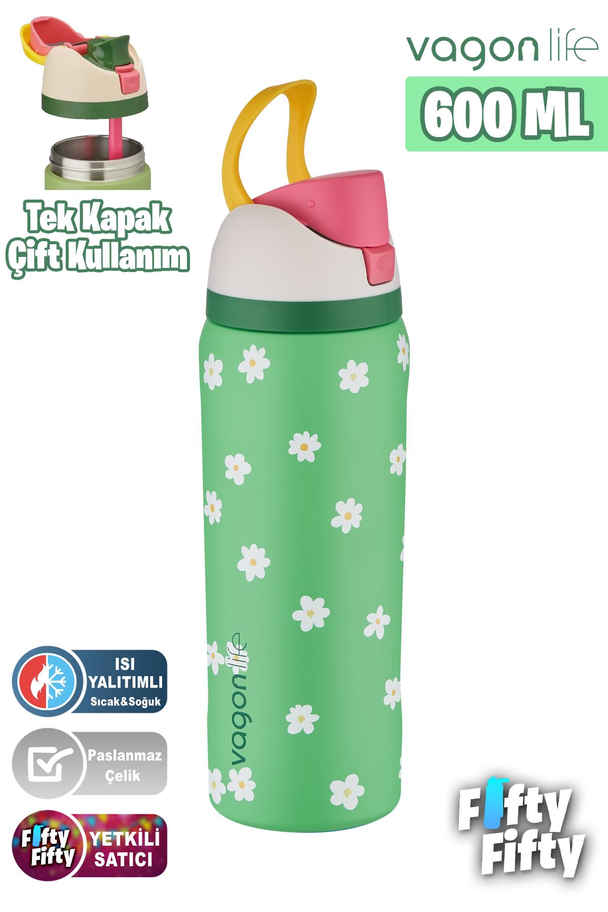 Vagonlife 600 ML Tek Kapak Çift Kullanım Pipetli/Pipetsiz Taşıma Kulplu Çelik Termos -FFVGN044ML600Desenli - Yeşil
