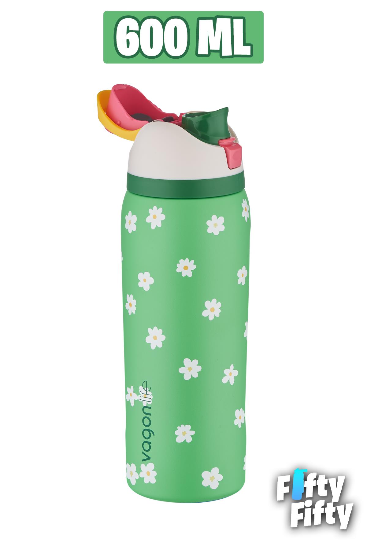 Vagonlife 600 ML Tek Kapak Çift Kullanım Pipetli/Pipetsiz Taşıma Kulplu Çelik Termos -FFVGN044ML600Desenli