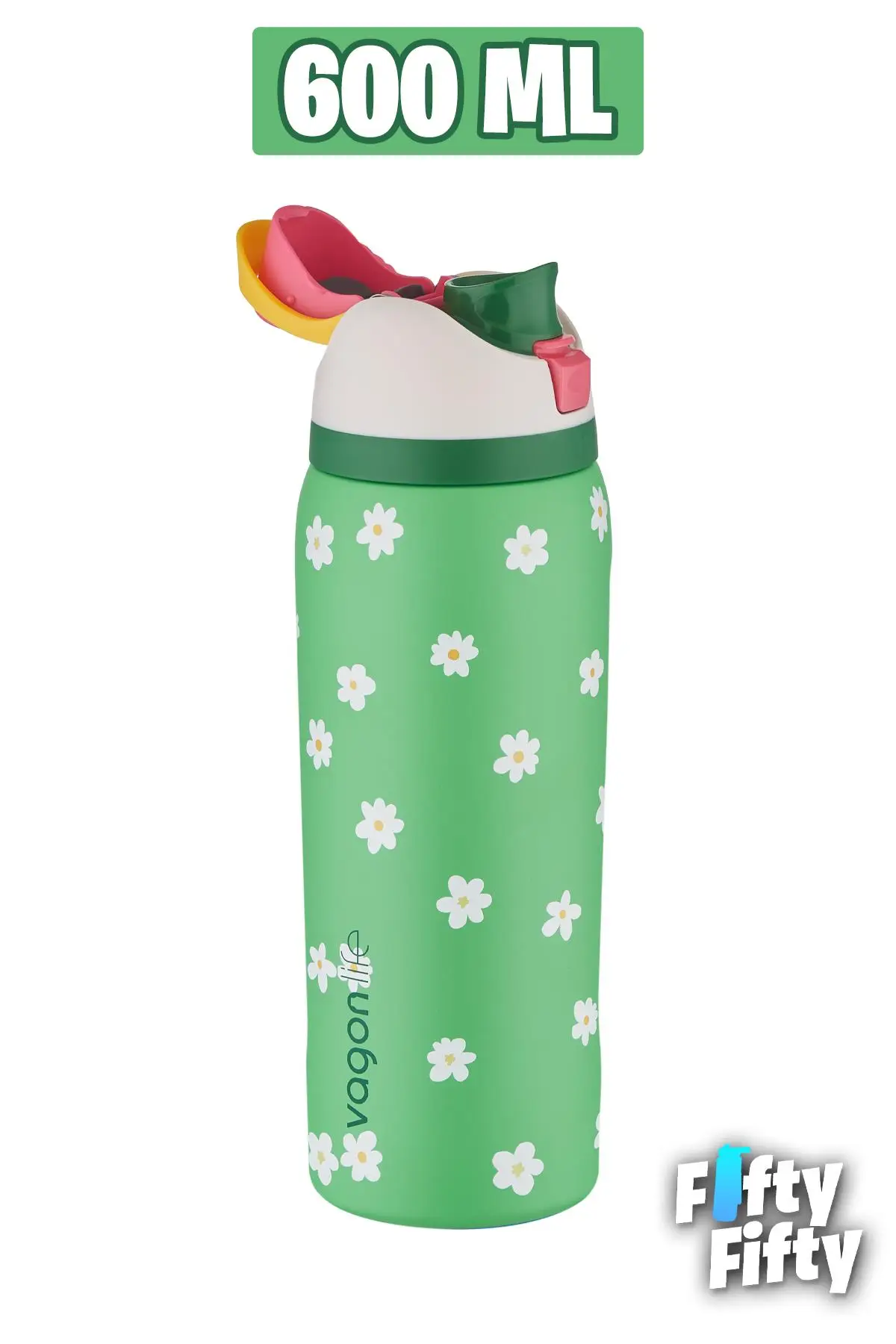 Vagonlife 600 ML Tek Kapak Çift Kullanım Pipetli/Pipetsiz Taşıma Kulplu Çelik Termos -FFVGN044ML600Desenli