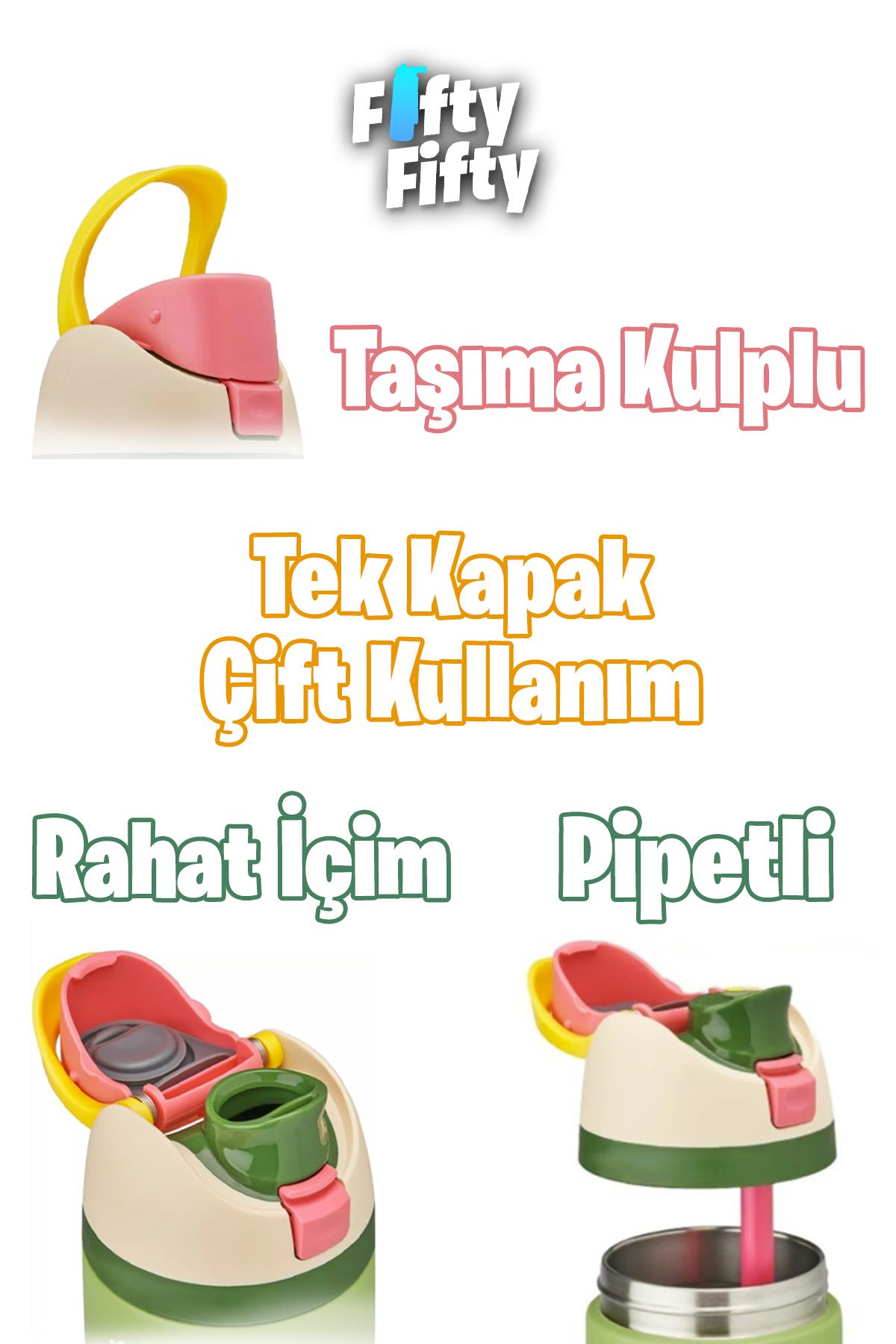 Vagonlife 600 ML Tek Kapak Çift Kullanım Pipetli/Pipetsiz Taşıma Kulplu Çelik Termos -FFVGN044ML600Desenli