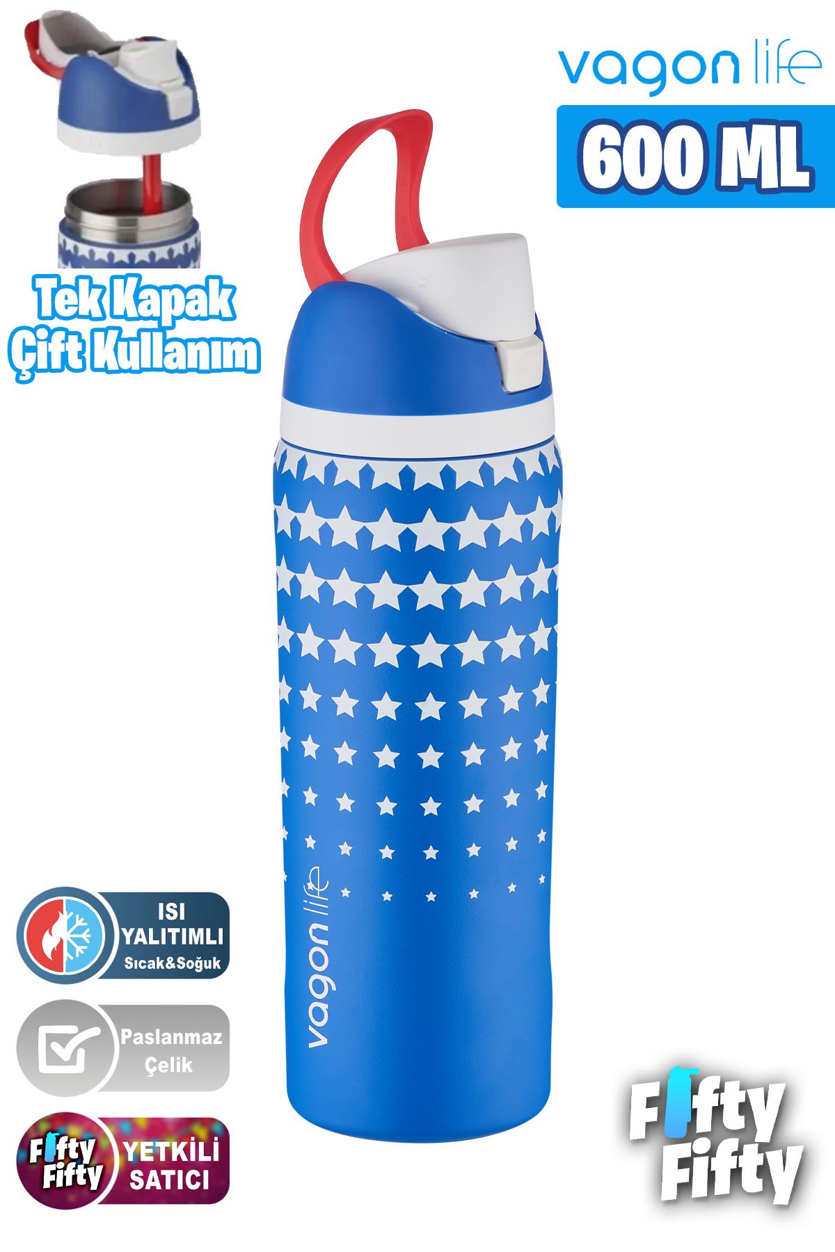 Vagonlife 600 ML Tek Kapak Çift Kullanım Pipetli/Pipetsiz Taşıma Kulplu Çelik Termos -FFVGN044ML600Desenli - Lacivert