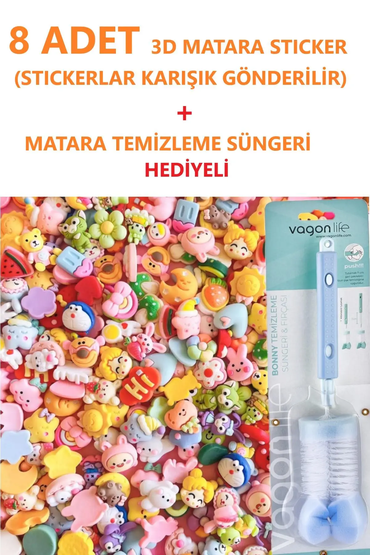 Vagonlife 8 ADET 3D Matara Stickerı+ Matara Temizleme Süngeri Hediyeli 