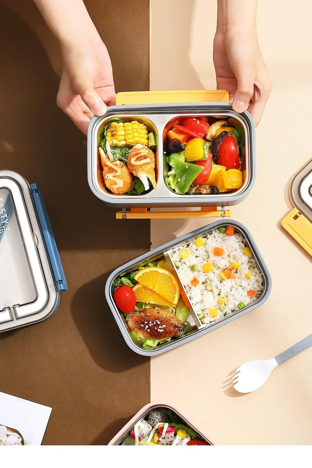 Vagonlife Bento Lunch Box Ofis-Okul İçin Yeni Nesil Sefer Tası Çift Kat 4 bölme Paslanmaz Çelik F494
