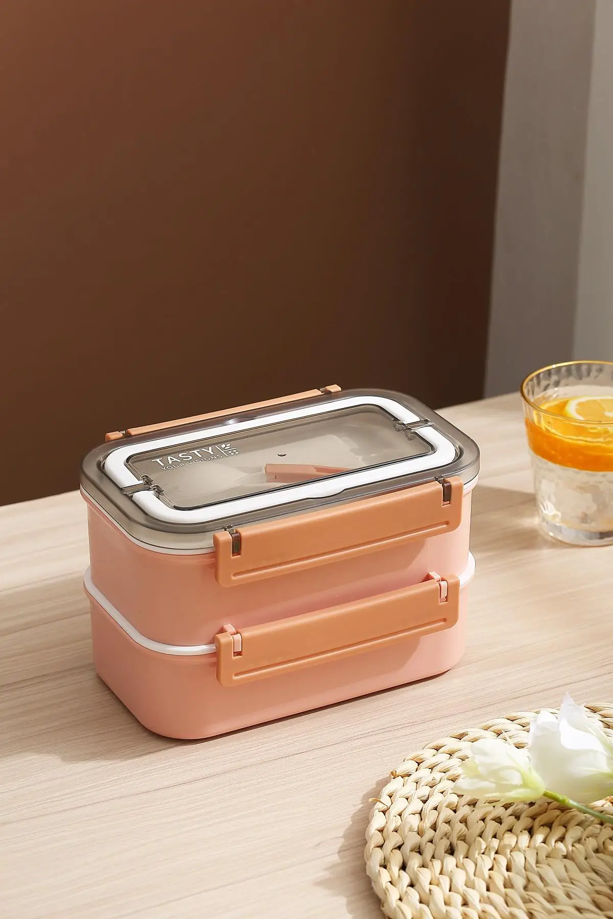 Vagonlife Bento Lunch Box Ofis-Okul İçin Yeni Nesil Sefer Tası Çift Kat 4 bölme Paslanmaz Çelik F494 - Pembe