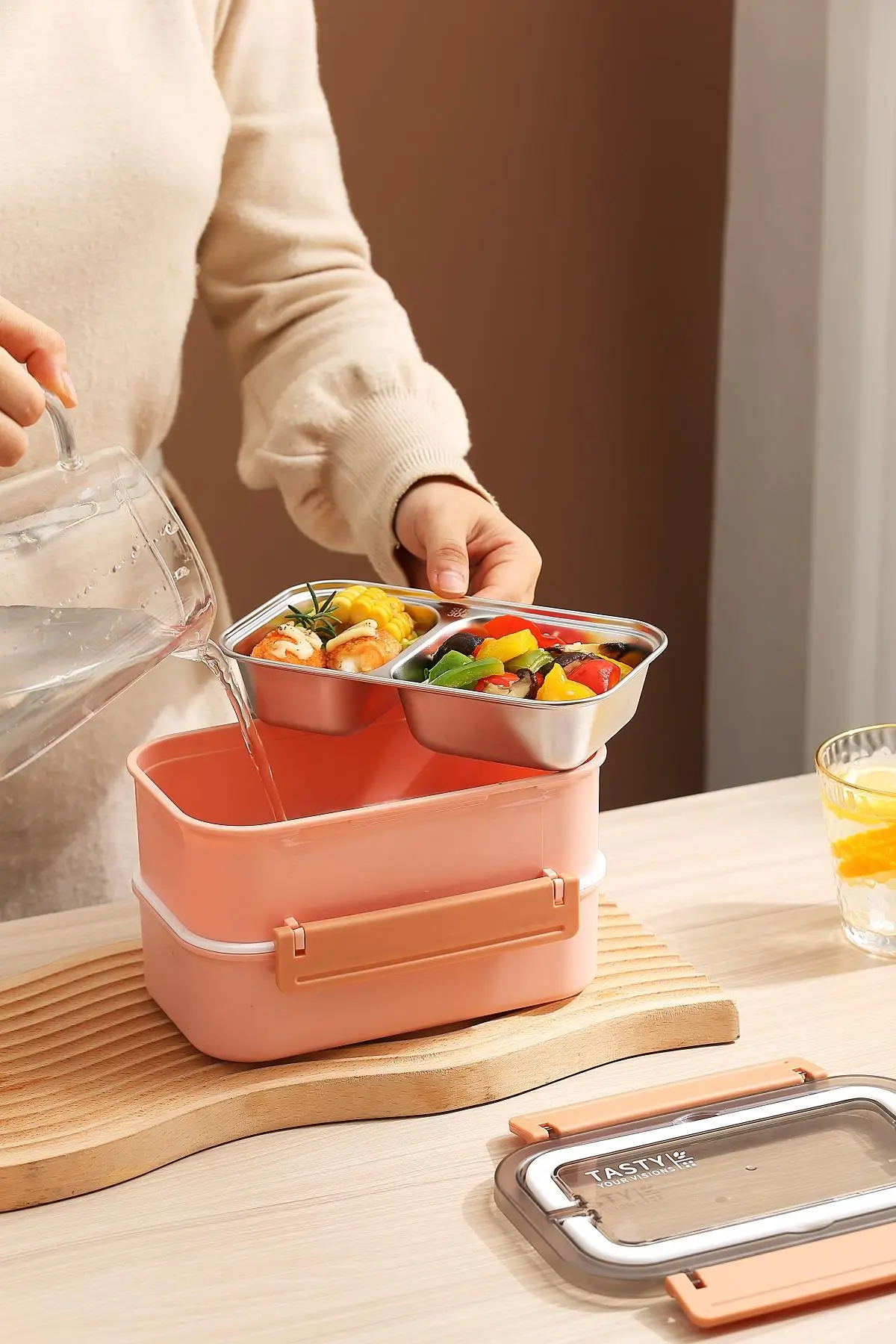 Vagonlife Bento Lunch Box Ofis-Okul İçin Yeni Nesil Sefer Tası Çift Kat 4 bölme Paslanmaz Çelik F494