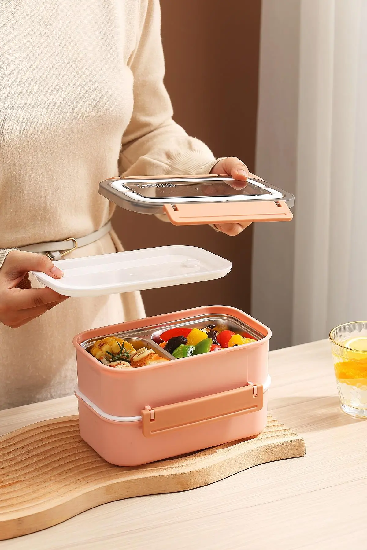 Vagonlife Bento Lunch Box Ofis-Okul İçin Yeni Nesil Sefer Tası Çift Kat 4 bölme Paslanmaz Çelik F494