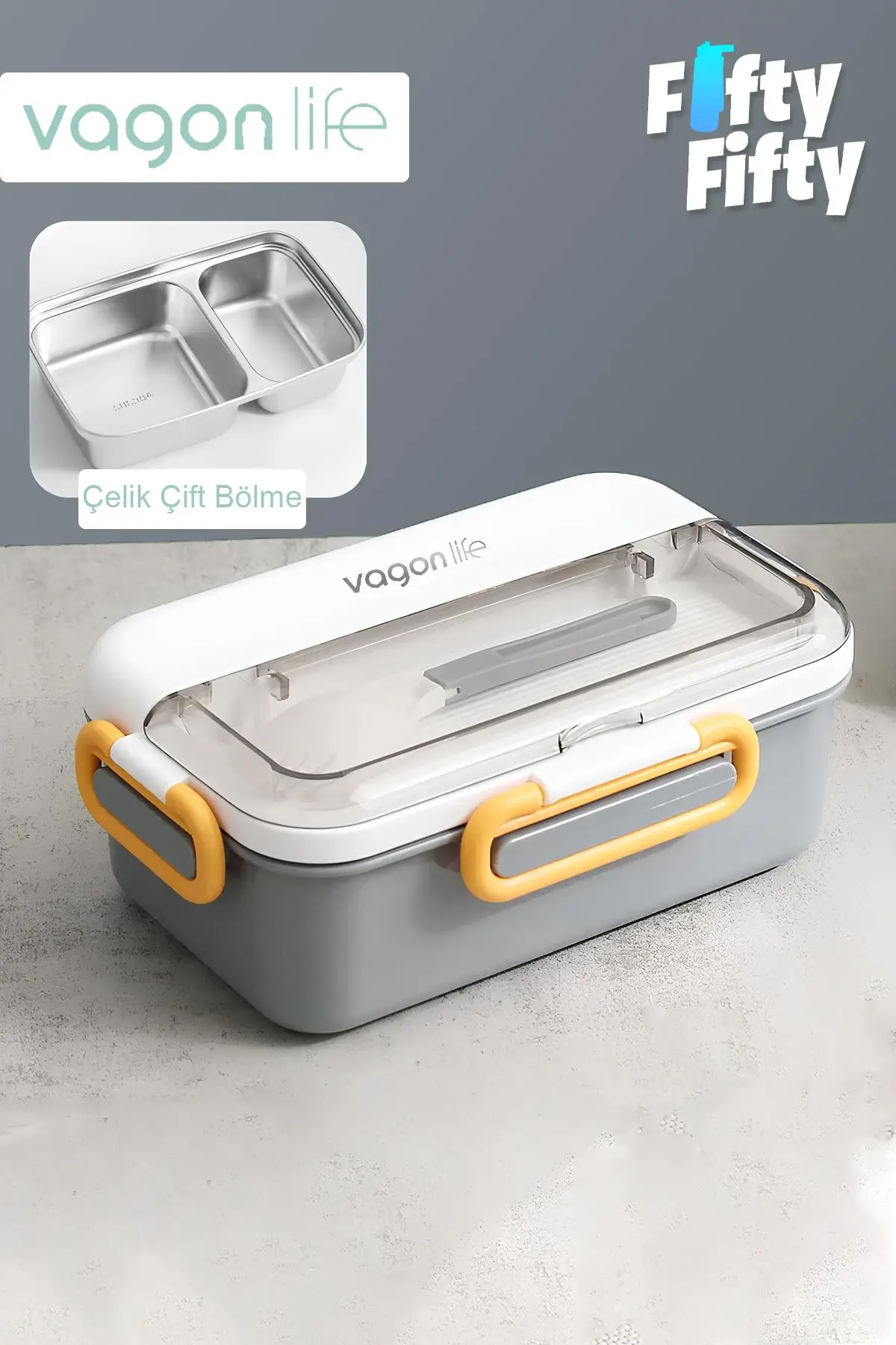 Vagonlife Tek Kat Çift Bölme Bento Lunch Box Ofis-Okul İçin Yeni Nesil Sefer Tası Paslanmaz Çelik 588 - Gri