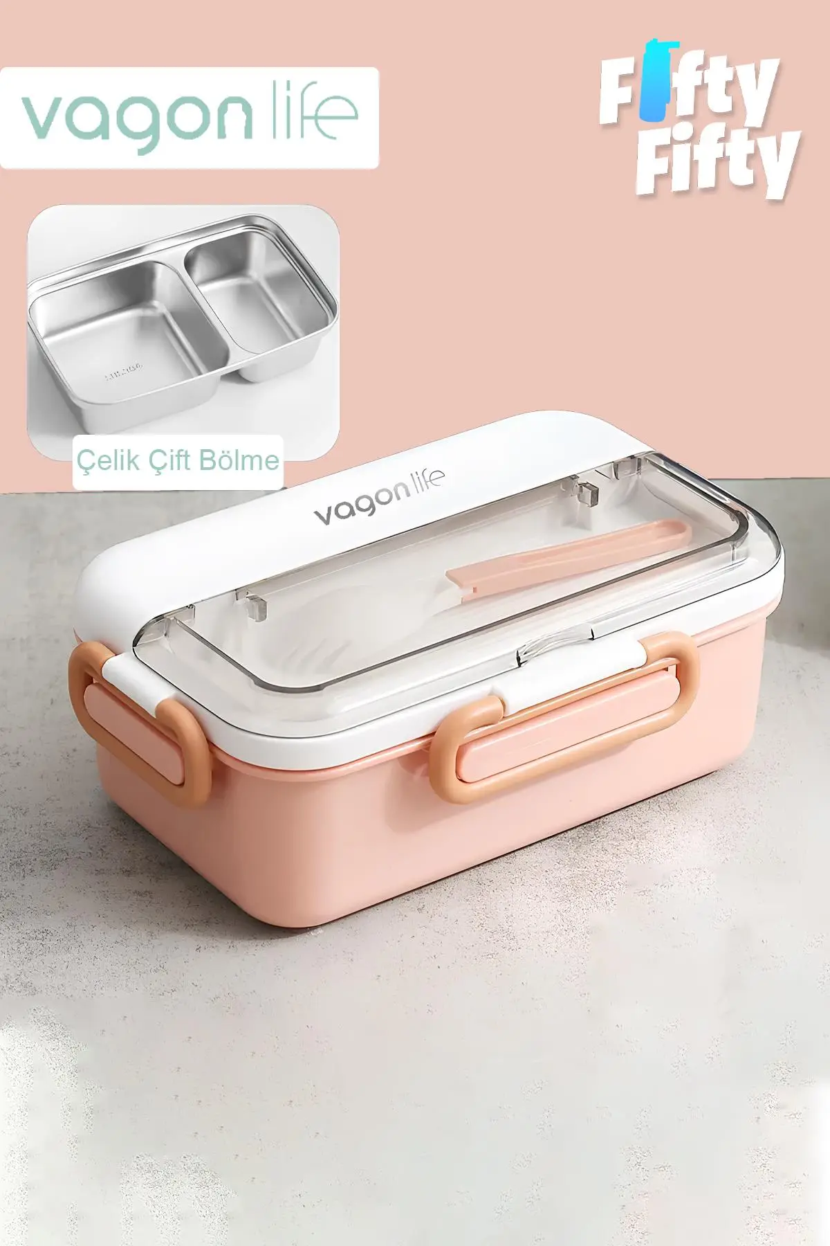 Vagonlife Tek Kat Çift Bölme Bento Lunch Box Ofis-Okul İçin Yeni Nesil Sefer Tası Paslanmaz Çelik 588 - Pudra