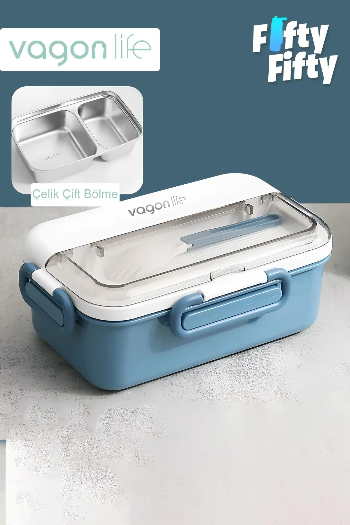 Vagonlife Tek Kat Çift Bölme Bento Lunch Box Ofis-Okul İçin Yeni Nesil Sefer Tası Paslanmaz Çelik 588 - Mavi