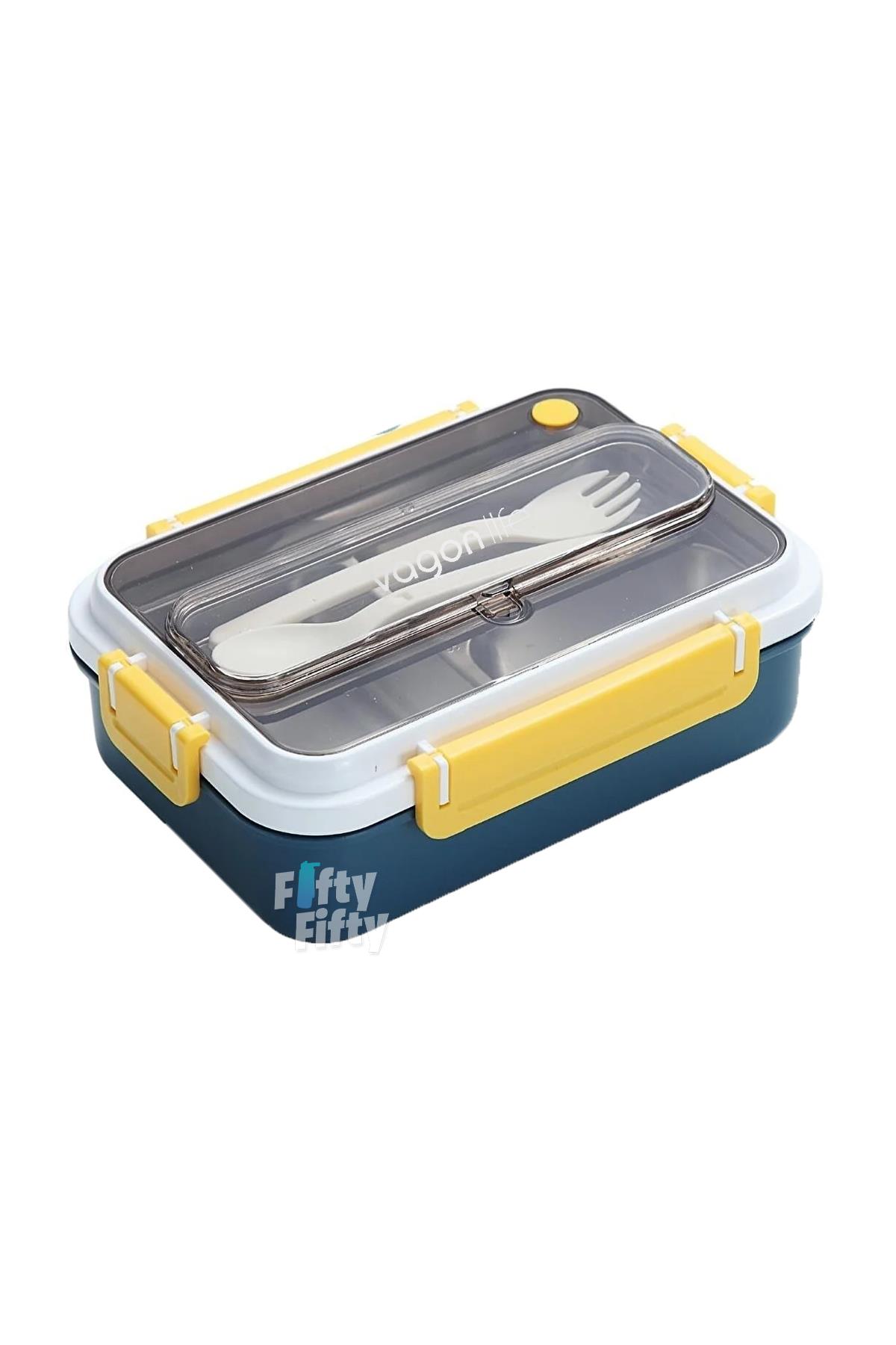 Vagonlife Bento Lunch Box Ofis-Okul İçin Yeni Nesil Sefer Tası Tek Kat 3 Bölme Çatal Ve Kaşıklı -Paslanmaz Çelik FF528 - Lacivert