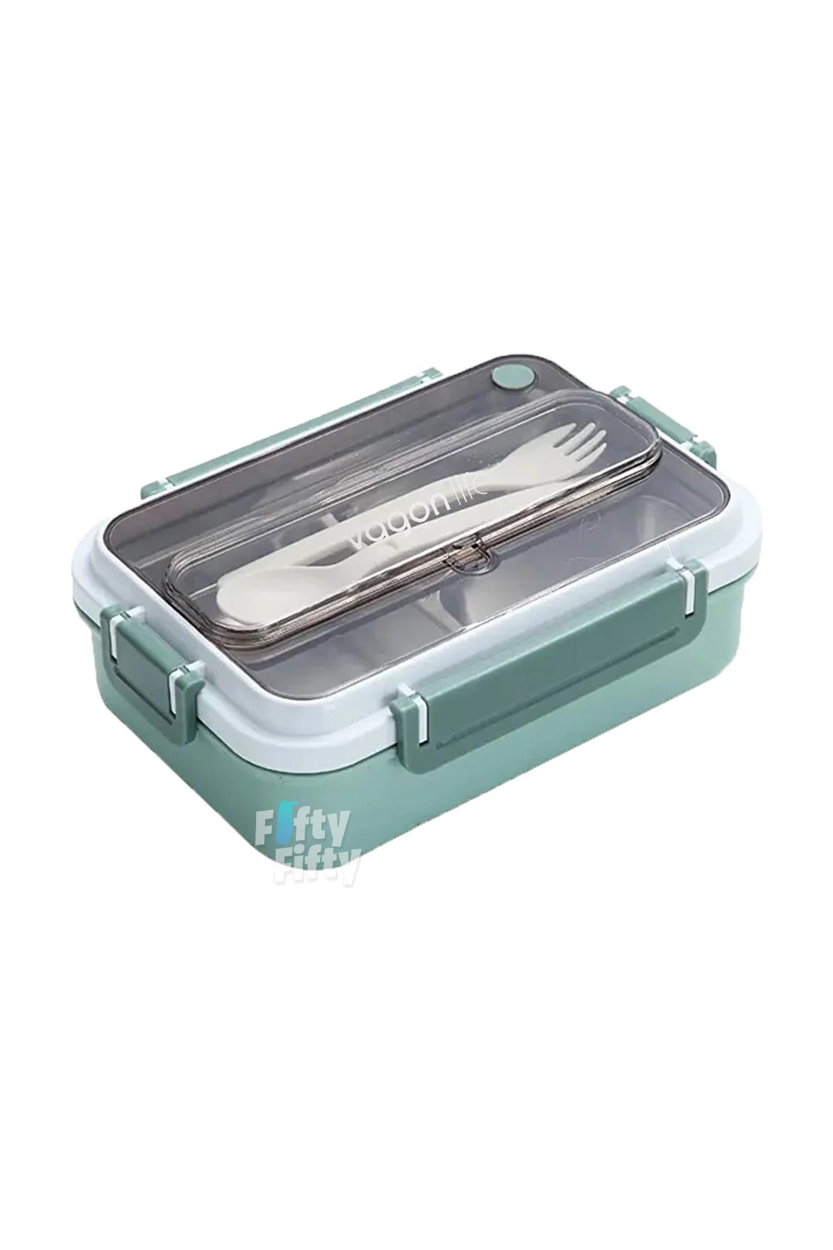 Vagonlife Bento Lunch Box Ofis-Okul İçin Yeni Nesil Sefer Tası Tek Kat 3 Bölme Çatal Ve Kaşıklı -Paslanmaz Çelik FF528 - Yeşil