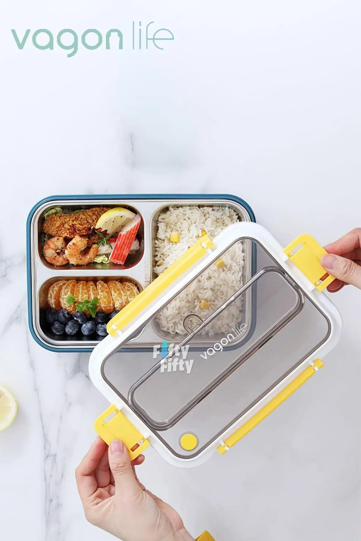 Vagonlife Bento Lunch Box Ofis-Okul İçin Yeni Nesil Sefer Tası Tek Kat 3 Bölme Çatal Ve Kaşıklı -Paslanmaz Çelik FF528 