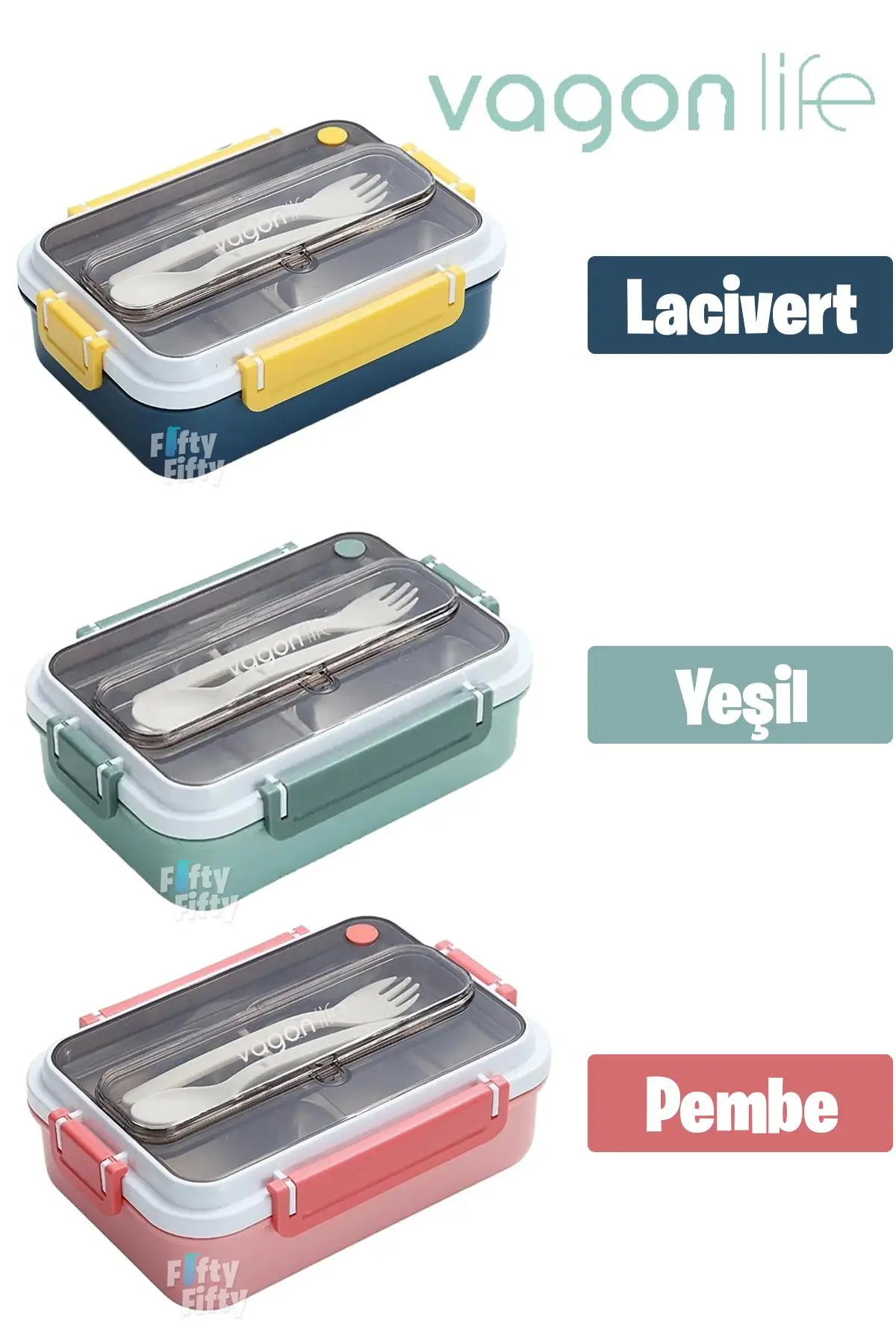 Vagonlife Bento Lunch Box Ofis-Okul İçin Yeni Nesil Sefer Tası Tek Kat 3 Bölme Çatal Ve Kaşıklı -Paslanmaz Çelik FF528 