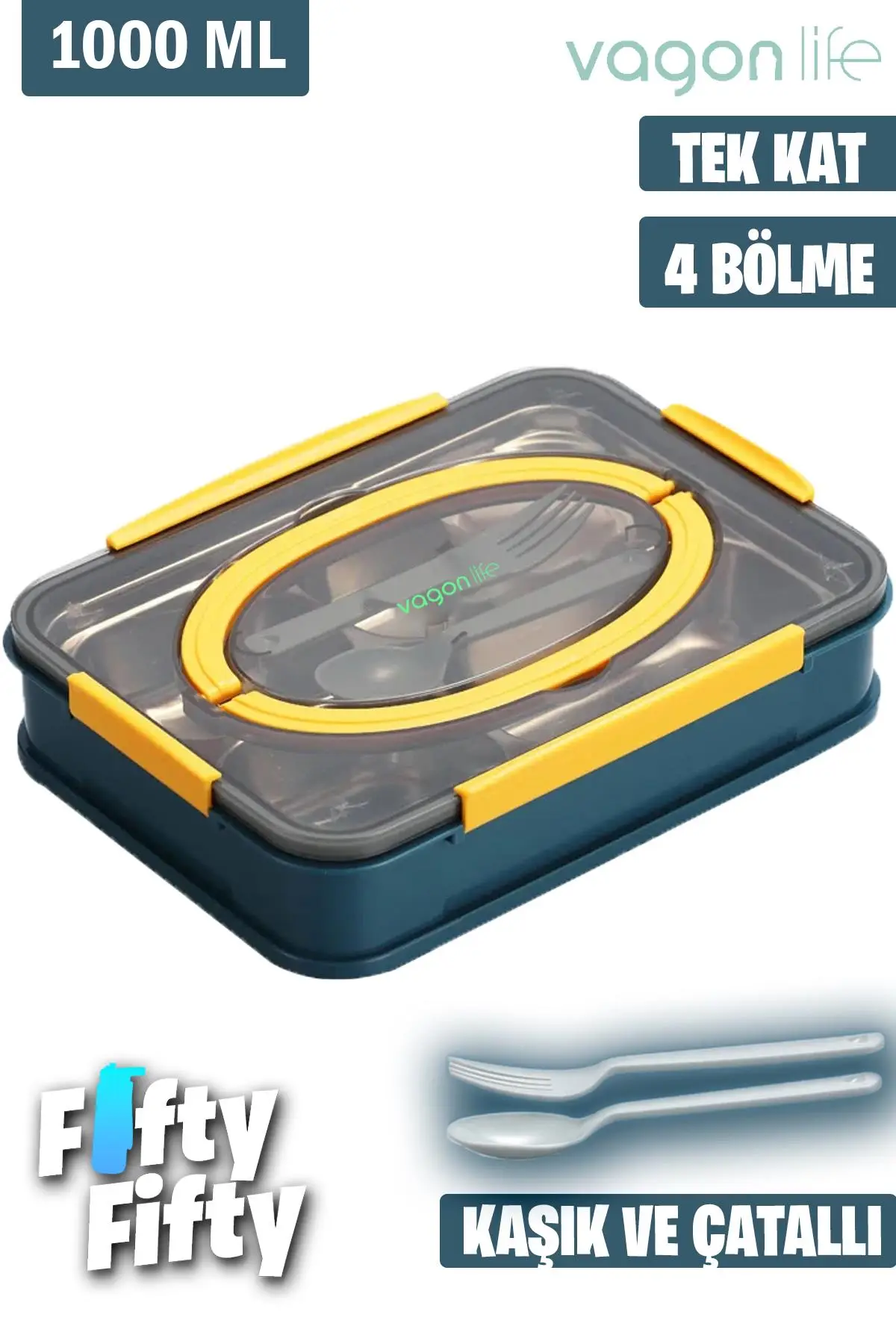 Vagonlife Bento Lunch Box Ofis-Okul İçin Yeni Nesil Tek Kat 4 Bölme Sefer Tası- FFLBOX2201 - Lacivert