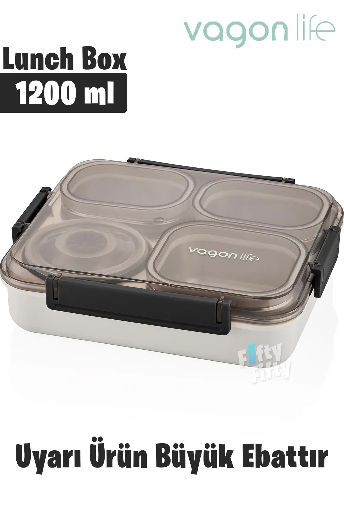 Vagonlife Büyük Ebat 1200 ML (Sızdırmaz,Karışmaz 4 Bölmeli) Lunch Box Yeni Nesil Sefer Tası -FF7080 - Siyah