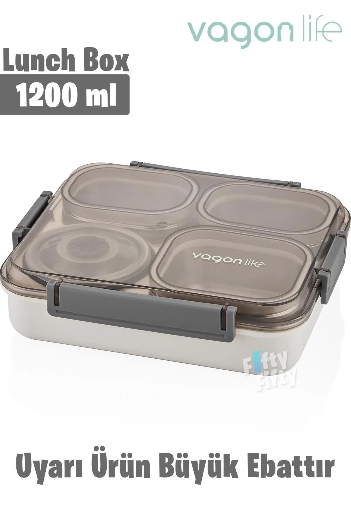 Vagonlife Büyük Ebat 1200 ML (Sızdırmaz,Karışmaz 4 Bölmeli) Lunch Box Yeni Nesil Sefer Tası -FF7080 - Gri