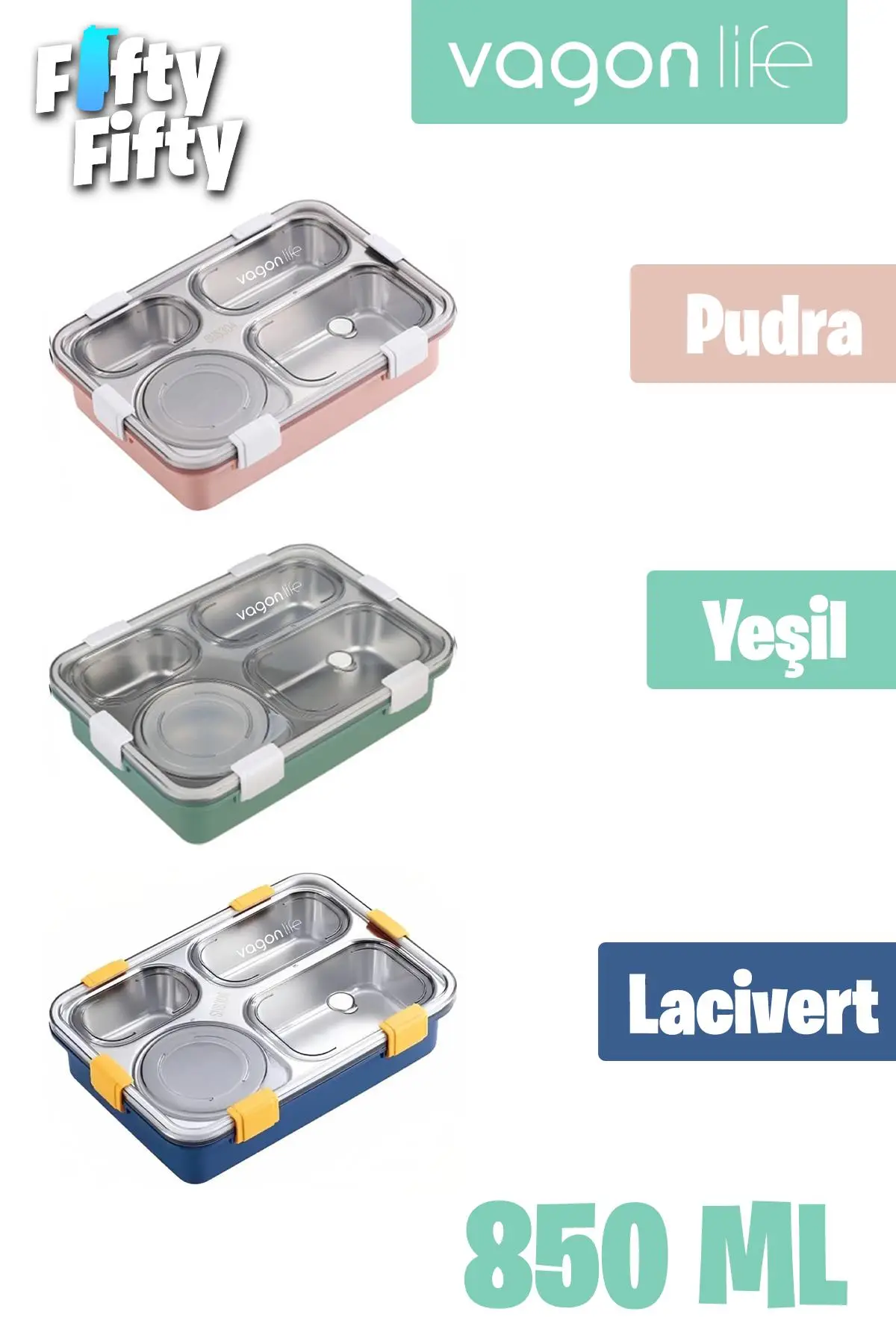 Vagonlife Büyük Ebat 850 ML (Paslanmaz Çelik Tek Kat Dört Bölmeli Çorba Kaseli Lunch Box Yeni Nesil Sefer Tası -FFLBOX50433