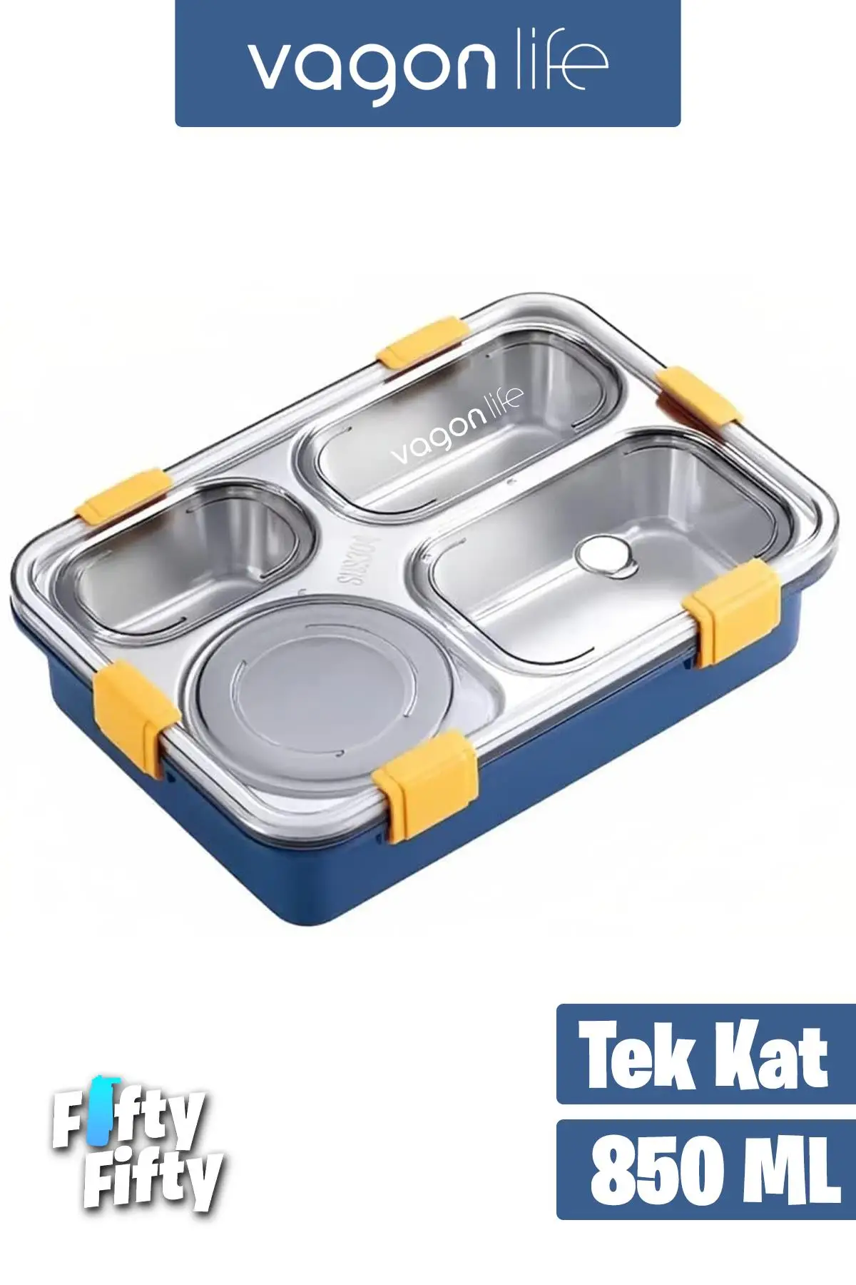 Vagonlife Büyük Ebat 850 ML (Paslanmaz Çelik Tek Kat Dört Bölmeli Çorba Kaseli Lunch Box Yeni Nesil Sefer Tası -FFLBOX50433