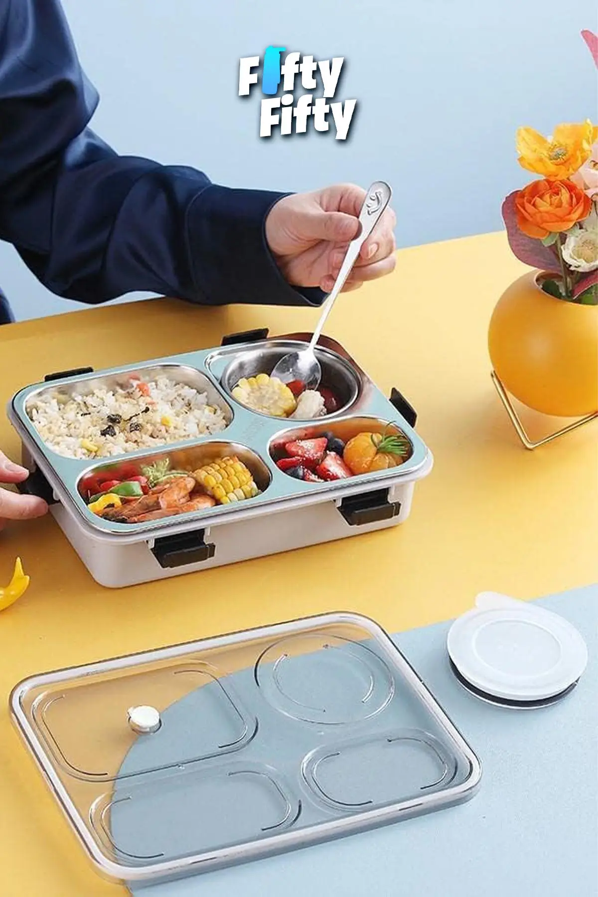 Vagonlife Büyük Ebat 850 ML (Paslanmaz Çelik Tek Kat Dört Bölmeli Çorba Kaseli Lunch Box Yeni Nesil Sefer Tası -FFLBOX50433