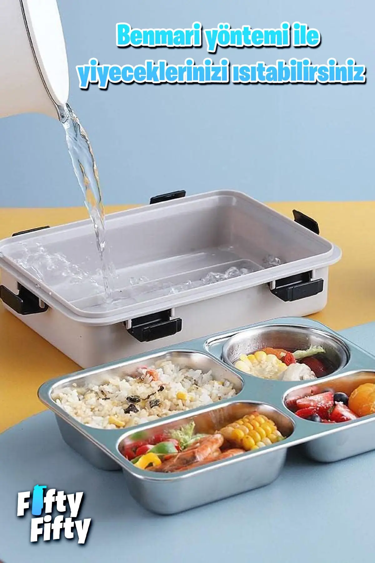 Vagonlife Büyük Ebat 850 ML (Paslanmaz Çelik Tek Kat Dört Bölmeli Çorba Kaseli Lunch Box Yeni Nesil Sefer Tası -FFLBOX50433