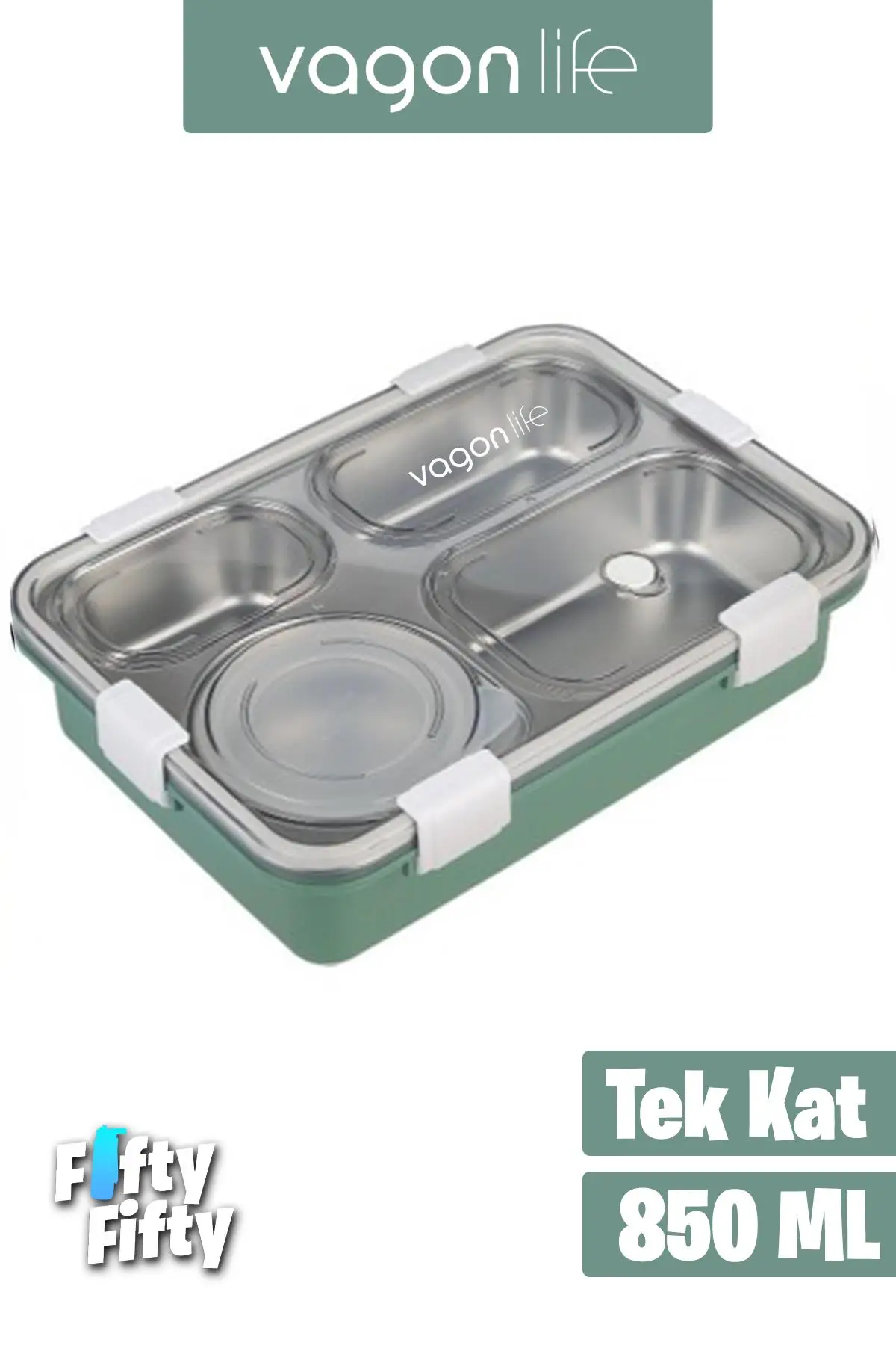 Vagonlife Büyük Ebat 850 ML (Paslanmaz Çelik Tek Kat Dört Bölmeli Çorba Kaseli Lunch Box Yeni Nesil Sefer Tası -FFLBOX50433