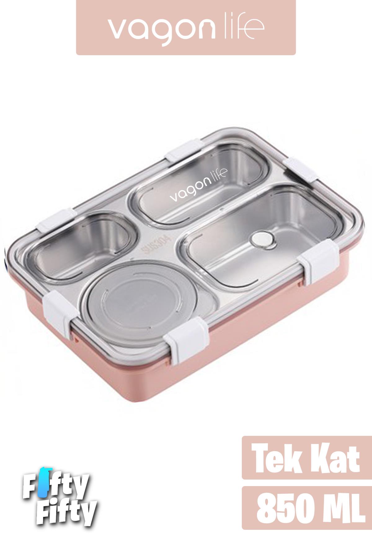 Vagonlife Büyük Ebat 850 ML (Paslanmaz Çelik Tek Kat Dört Bölmeli Çorba Kaseli Lunch Box Yeni Nesil Sefer Tası -FFLBOX50433 - Pudra