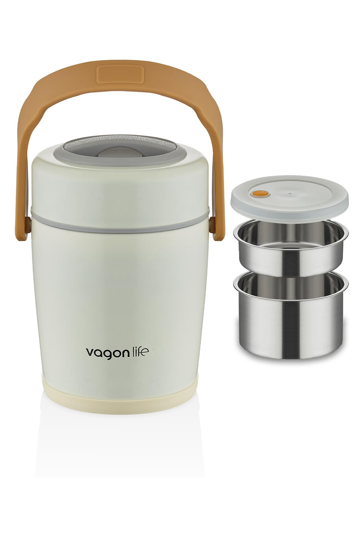 Vagonlife Çelik Yemek Termosu Isı Yalıtımlı 2 Kaseli 1.6LT Sızdırmaz Vakumlu Kap Taşıma Kulplu -FF10082 - Beyaz