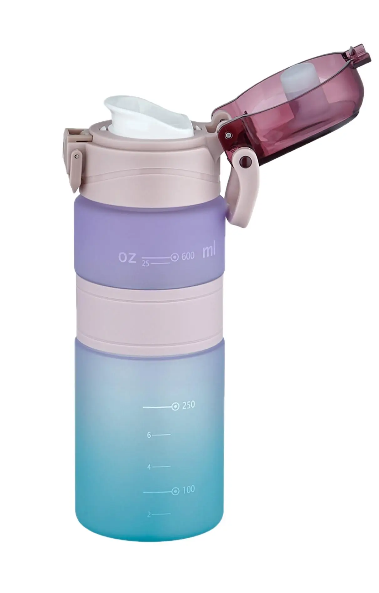Vagonlife Çift Renk 600ml Kaydırmaz Silikon Gövde Rahat İçim-Pipetsiz- Motivasyon Su Matarası