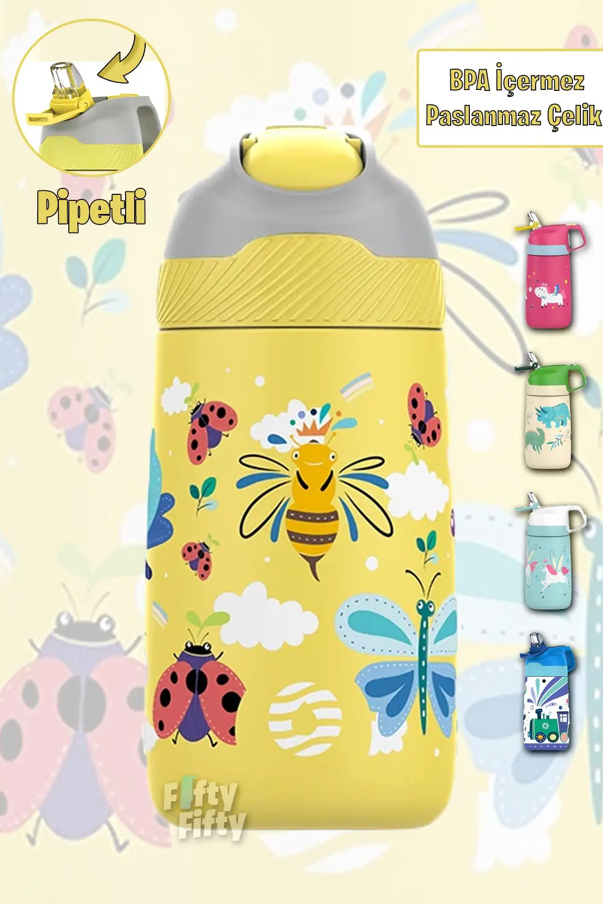 Vagonlife Çocuk 350 ML Pipetli Çelik Matara Paslanmaz Çelik Termos 5 Farklı Renk 2055-350ML