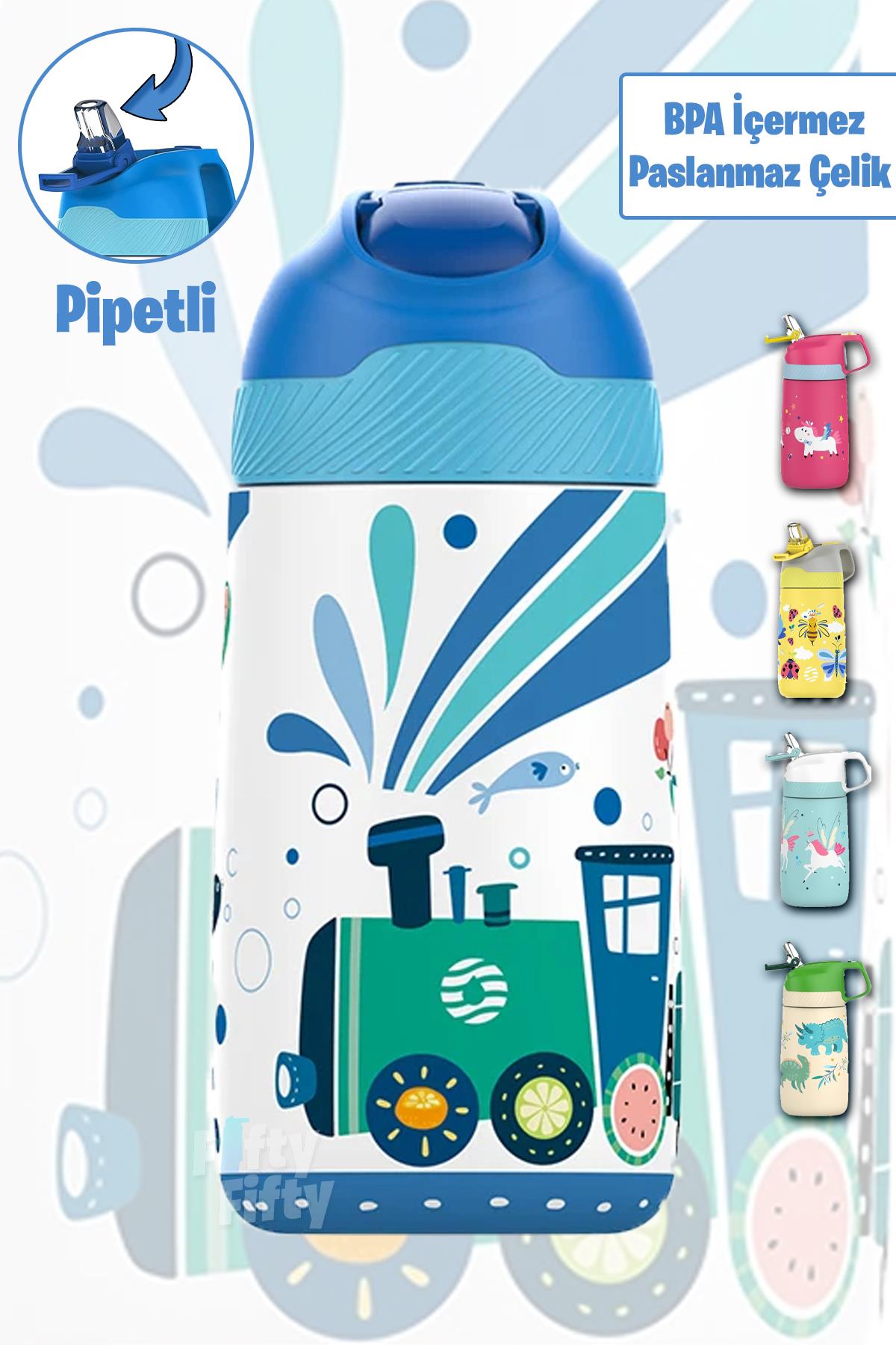 Vagonlife Çocuk 350 ML Pipetli Çelik Matara Paslanmaz Çelik Termos 5 Farklı Renk 2055-350ML - Mavi