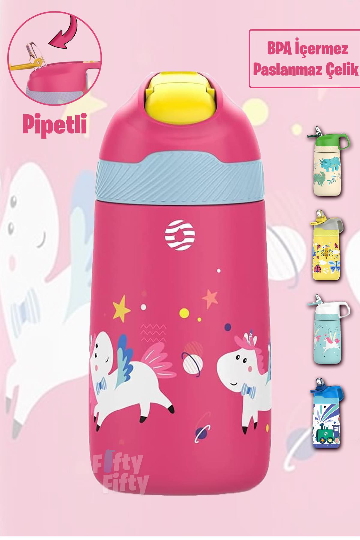 Vagonlife Çocuk 350 ML Pipetli Çelik Matara Paslanmaz Çelik Termos 5 Farklı Renk 2055-350ML - Pembe
