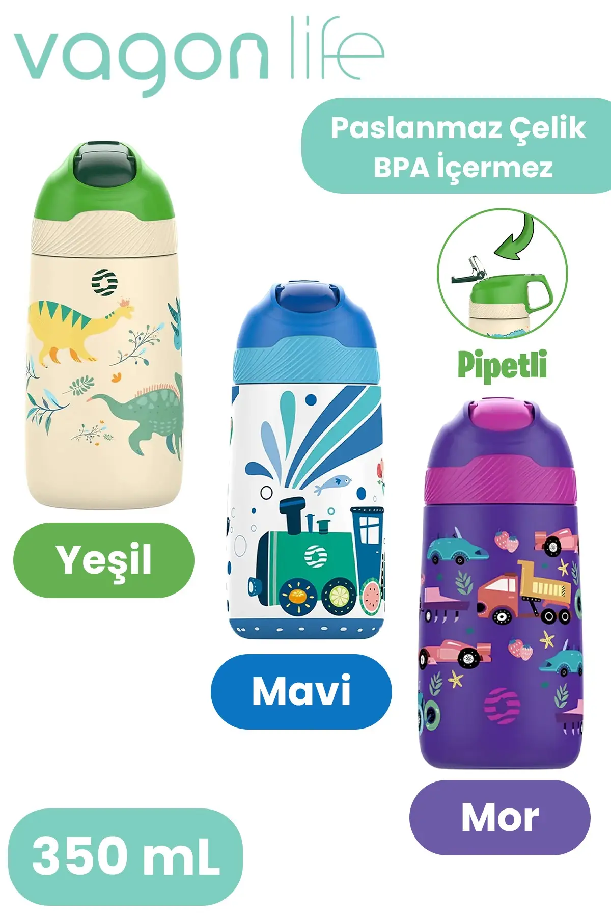Vagonlife Çocuk 350 ML Pipetli Çelik Matara Paslanmaz Çelik Termos 5 Farklı Renk 2055-350ML