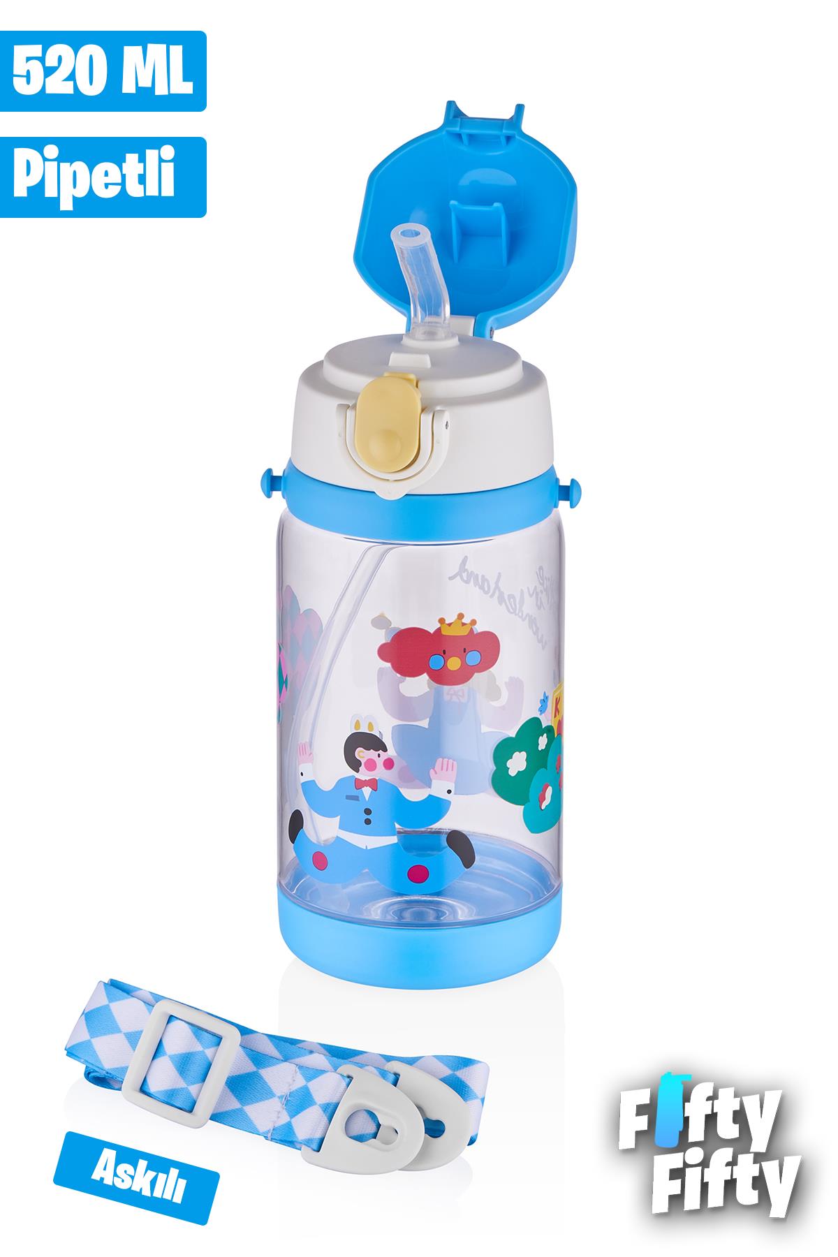 Vagonlife Diller 520 ML Kalın Pipetli Tritan Su Matarası -Taşıma Askılı-Okul Çocuk Matarası -FFD2408 - Mavi
