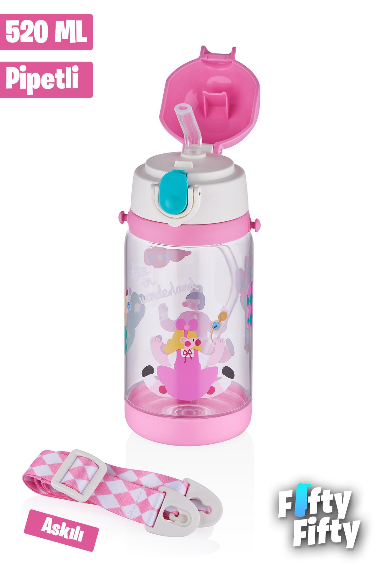 Vagonlife Diller 520 ML Kalın Pipetli Tritan Su Matarası -Taşıma Askılı-Okul Çocuk Matarası -FFD2408 - Pembe
