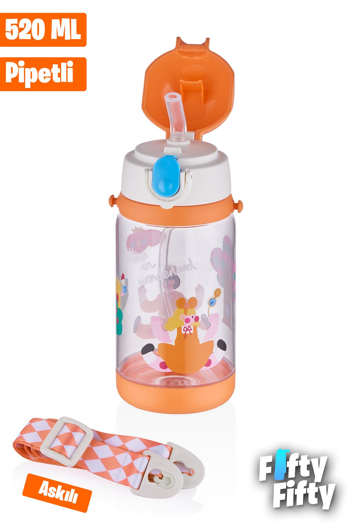 Vagonlife Diller 520 ML Kalın Pipetli Tritan Su Matarası -Taşıma Askılı-Okul Çocuk Matarası -FFD2408 - Turuncu