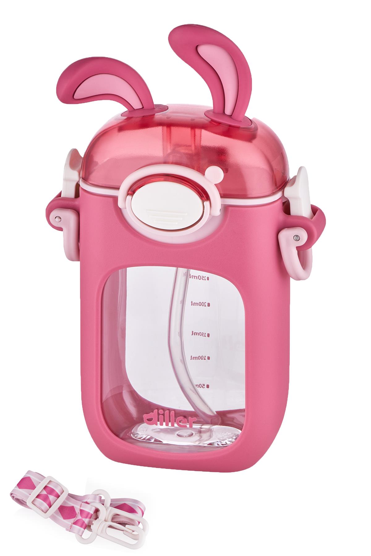 Vagonlife Diller Pipetli 400 ML Tritan Çocuk Su Matarası Boyun Askılı-Temizleme Fırçası Hediyeli-FFDILLER-2305400ML - Pembe