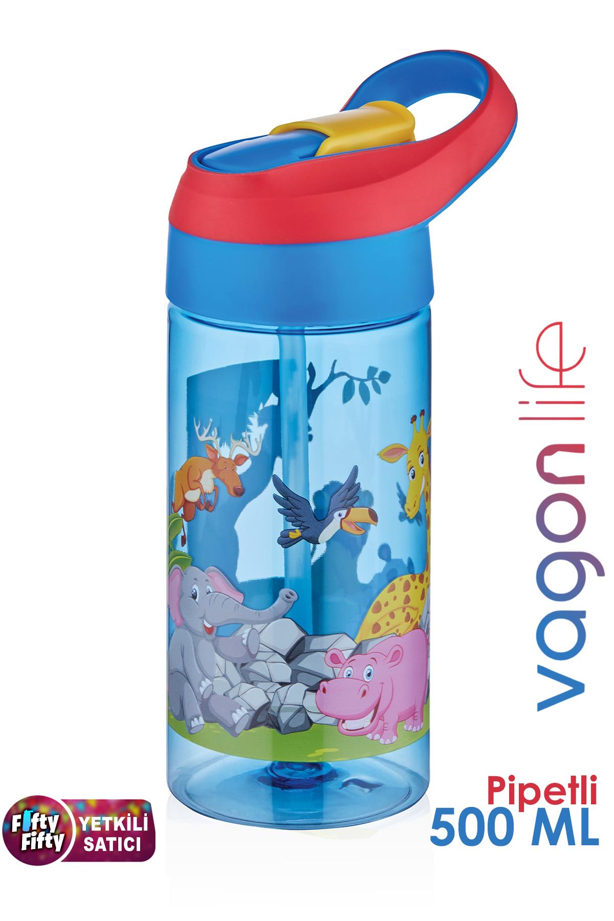 Vagonlife FiftyFifty 500ml Tritan Kalın Pipetli Çocuk Okul Su Matarası - Mavi