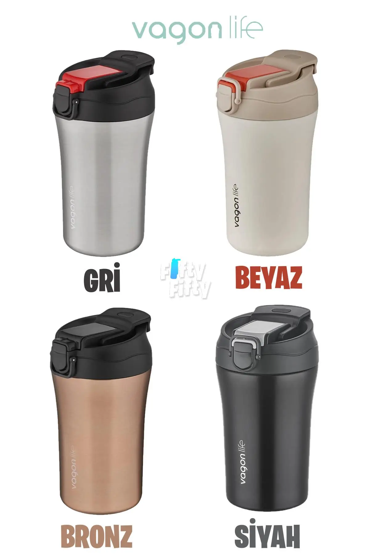 Vagonlife FiftyFifty Çift Kapak Sistemli Pipetli/Pipetsiz 400ml Çelik Mug FF2004VGN