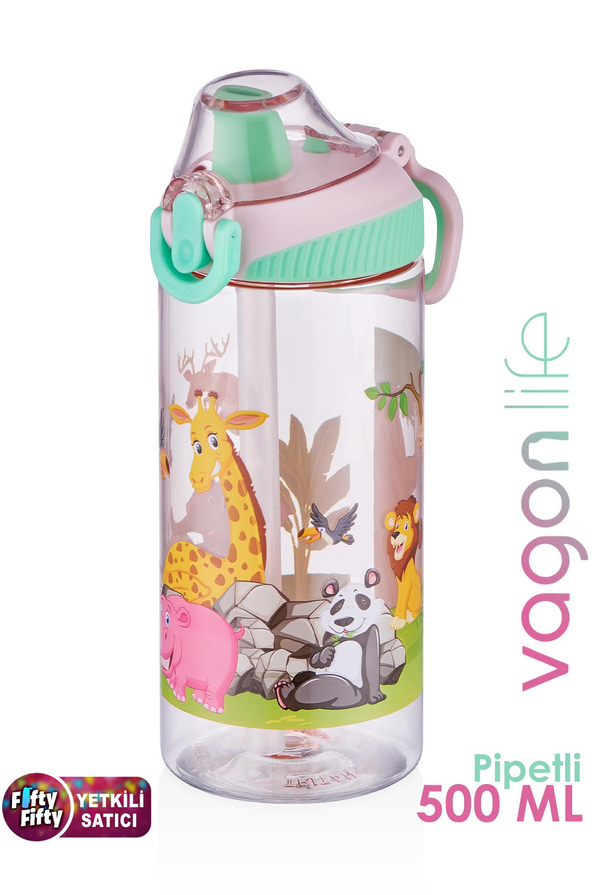 Vagonlife FiftyFifty Tritan 500 ml Silikon Pipetli Çocuk Su Matarası - Pembe