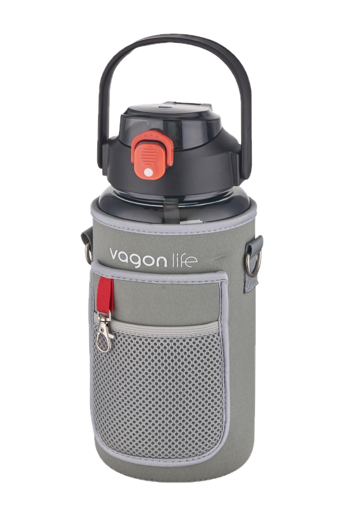 Vagonlife Kılıflı ((Telefon Koyma Yeri)) Taşıma Askılı 1500 ml Pipetli/Pipetsiz Kullanım Su Matarası - Gri