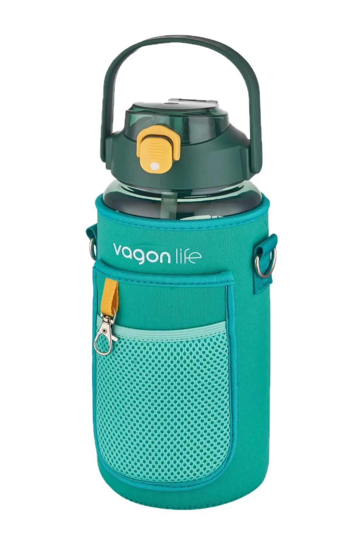 Vagonlife Kılıflı ((Telefon Koyma Yeri)) Taşıma Askılı 1500 ml Pipetli/Pipetsiz Kullanım Su Matarası