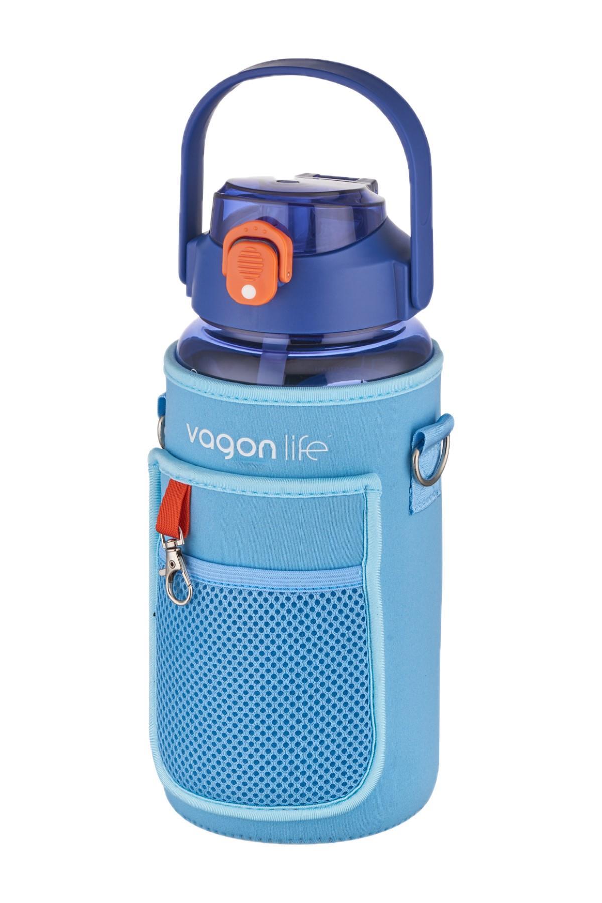 Vagonlife Kılıflı ((Telefon Koyma Yeri)) Taşıma Askılı 1500 ml Pipetli/Pipetsiz Kullanım Su Matarası - Mavi