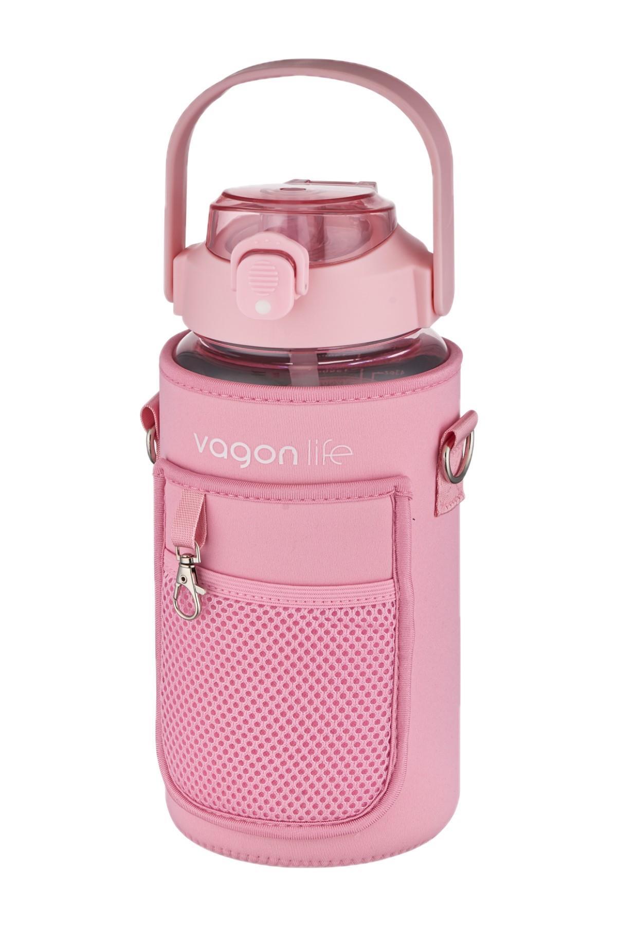 Vagonlife Kılıflı ((Telefon Koyma Yeri)) Taşıma Askılı 1500 ml Pipetli/Pipetsiz Kullanım Su Matarası - Pembe