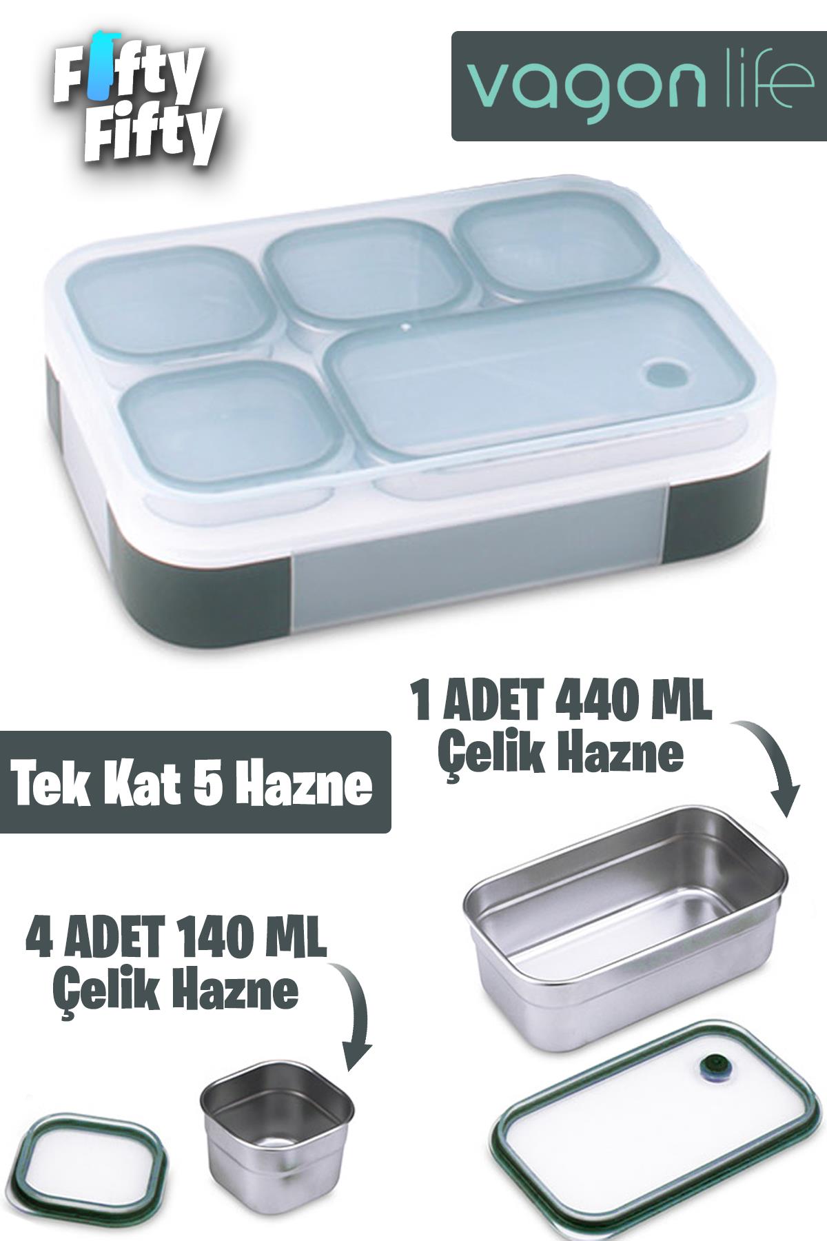 Vagonlife Lunch Box 1000 ML (Sızdırmaz,Karışmaz 5 Hazneli) Yeni Nesil Sefer Tası -FFLBOX40097 - Yeşil